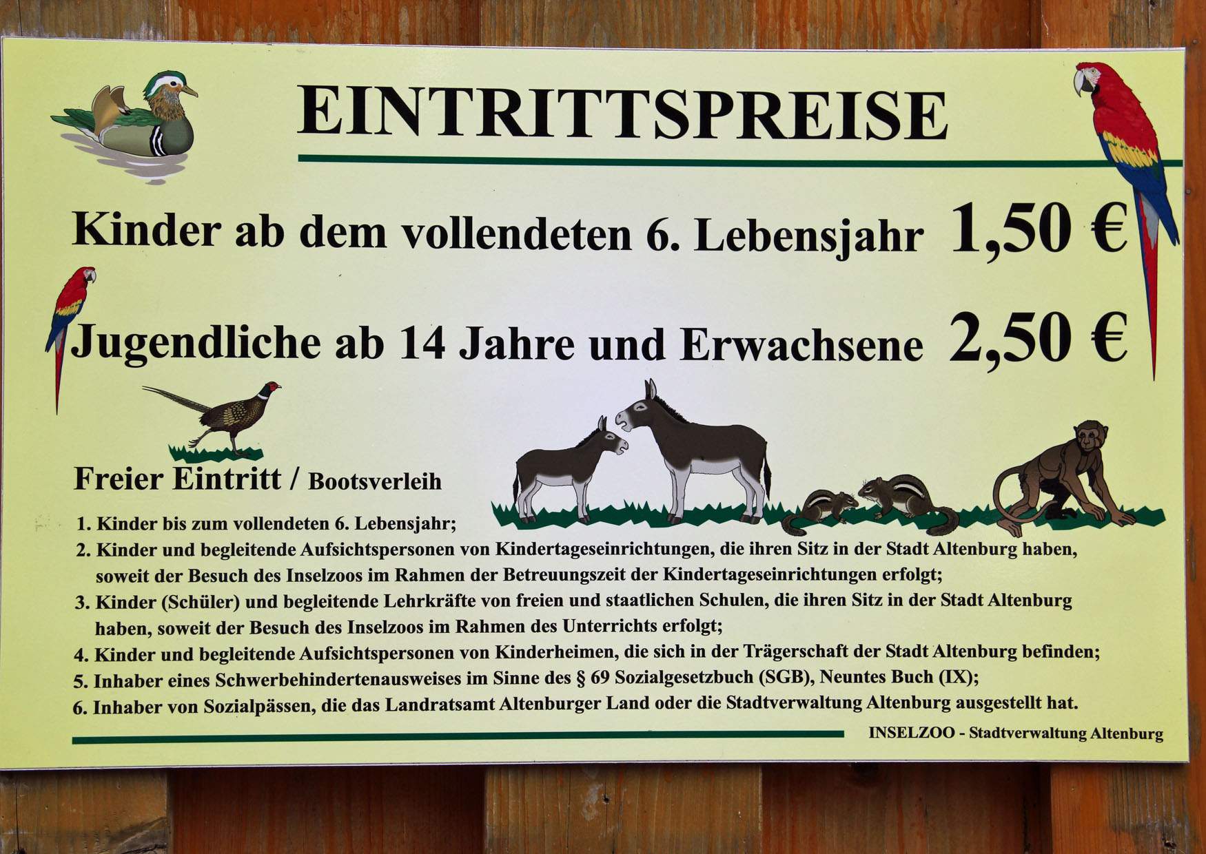 Eintrittspreise Altenburg Inselzoo